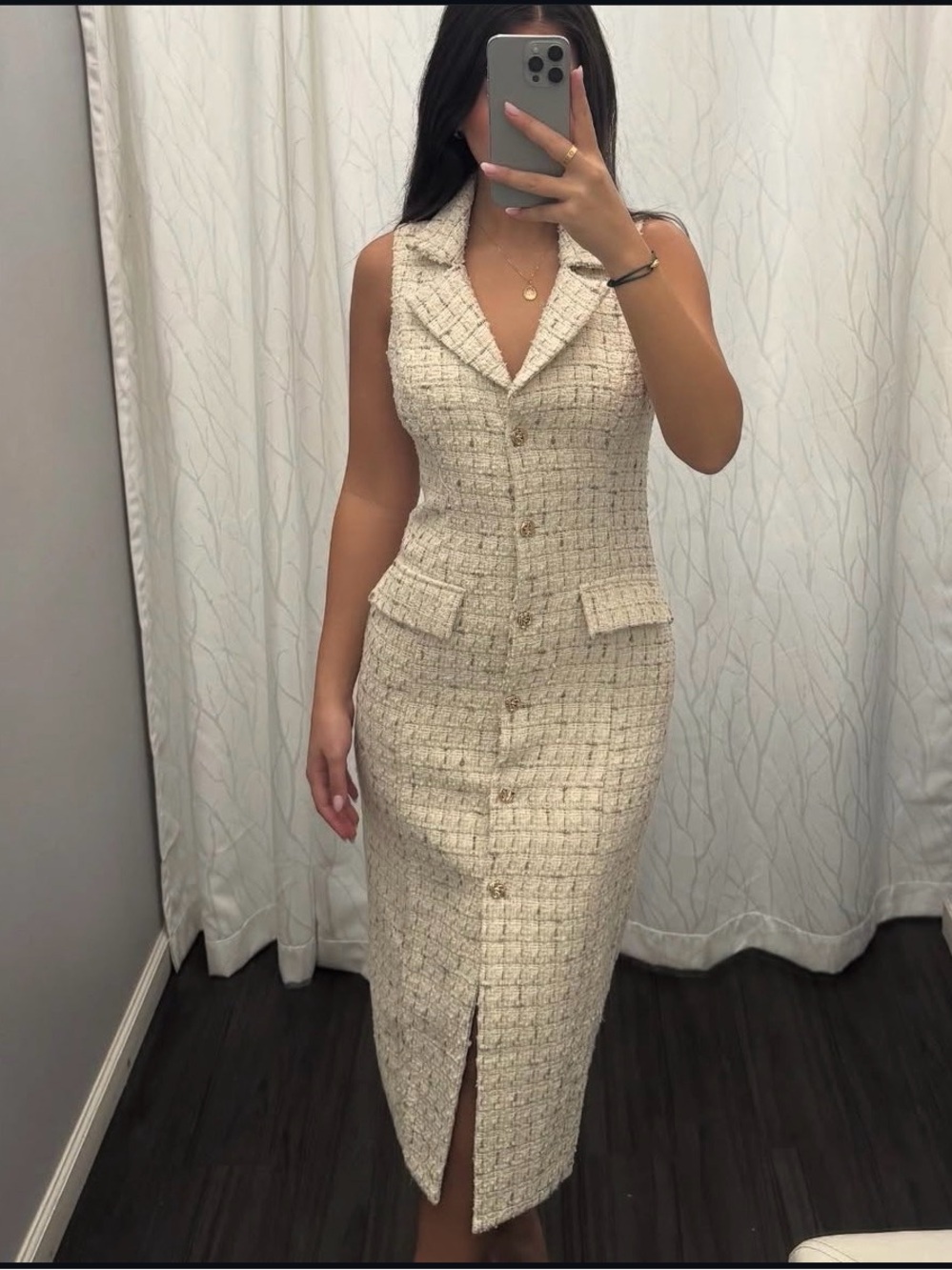 Mable Tweed Collared Button Front Midi Dress NWT